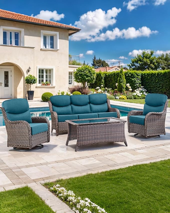 Luxury 22x24/22x25 6-Inch Smile Patio Dining Chair Cushions Set of 4 - Heavy Duty Water Slashproof Outdoor Seat Cushion for Outside Furniture Glider Loveseat L-Shape Sofa - Peacock Blue