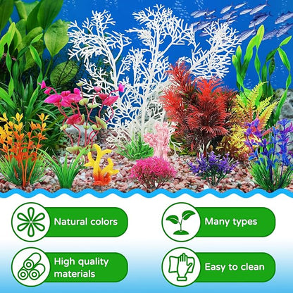 Aquarium Decorations Plants with Resin Coral, 12 pcs Fish Tank Accessories, Fish Tank Decorations Small Plants Plastic, Aquarium Decor Artificial Plant