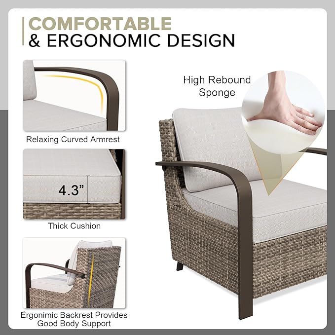 COOS BAY Aurora Terrace Outdoor Chairs with Cushions, Wicker Dining Set with Deep 4-Inch Seating, Modern Curved Armrest Porch Chairs, Set of 1, Beige/Beige