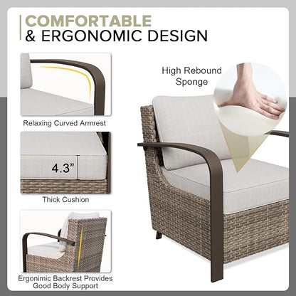 COOS BAY Aurora Terrace Outdoor Chairs with Cushions, Wicker Dining Set with Deep 4-Inch Seating, Modern Curved Armrest Porch Chairs, Set of 2, Beige/Beige