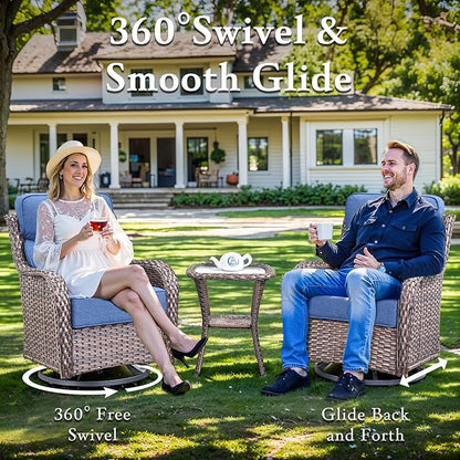 Luxury High Back Outdoor Furniture with 6-inch Extra Thick Cushions, Patio Furniture Set with Fire Pit Table & Swivel Chairs, 7 PCS Wicker Conversation Set for Yard, Deck, Poolside, Brown/Blue