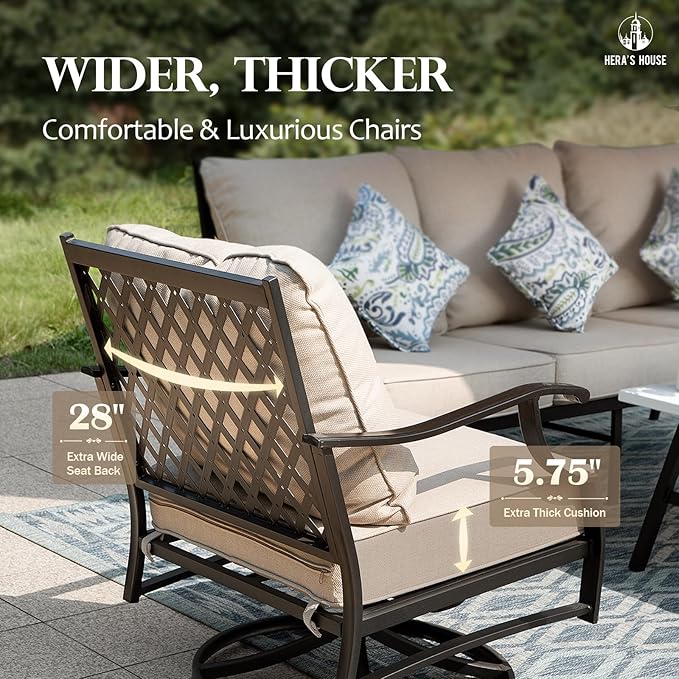 HERA'S HOUSE 4 Piece Patio Furniture Set, 2 x Swivel Cushioned Chair, 3-Seat Sofa with Marbling Coffee Table, All Weather Outdoor Conversation Set for Lawn Garden Backyard