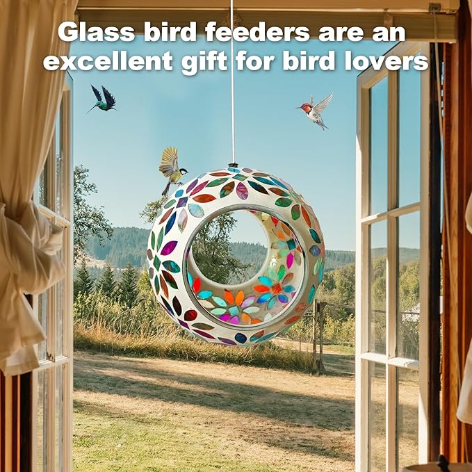 Mosaic Bird Feeder, Outside Hanging with Round Shape Glass BirdFeeders to Attract More Wild Birds, Mosaic Fly Through for Garden, Yard, Backyard, Deck and Porch Decor, Multicolor 7-Inch