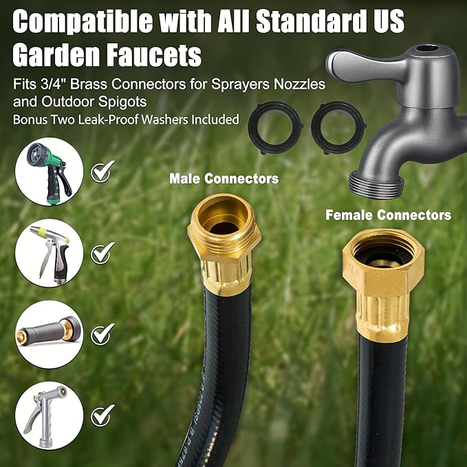 Hybrid Garden Hose 50FT - 5/8" Durable Sturdy and Functional Rubber Hose with Brass Fittings - UV Resistant Leak Proof for Large Gardens and Outdoor Use