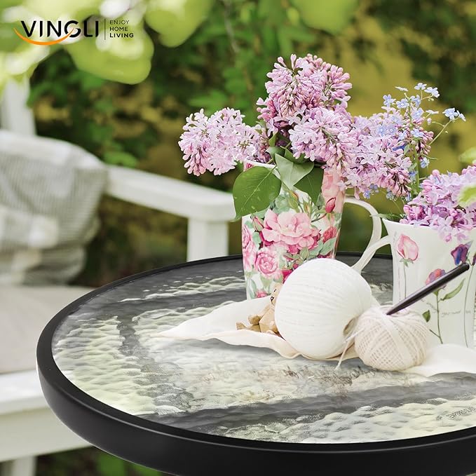 VINGLI Folding Glass Outdoor Side Table, 18 Inches Small Foldable Patio Bistro Table with Tempered Glass Table Top for Lawn & Garden, Balcony, Porch and Pool, Round
