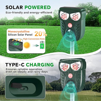 Solar Ultrasonic Animal Repellent Outdoor, Cat Squirrel Raccoon Dog Deer Repellent Device with Motion Detection, IP66 Waterproof Mouse Skunk Rodent Deterrent