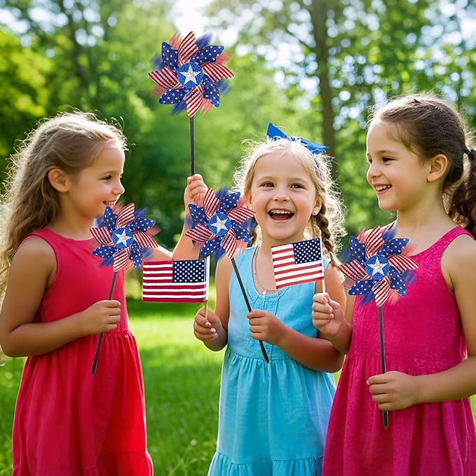 winemana 12 Pack 4th of July Patriotic Pinwheels for Yard & Garden – Reflective American Flag Wind Spinners, Outdoor Bird Deterrents Decorations for Independence Day & Memorial Day (Red White Blue)