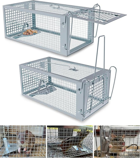2 Packs Humane Rat Trap Outdoor, Wanqueen Humane Mouse Traps Indoor for Home, Small Rodent Chipmunk Trap and Other Live Animal Cage Catch and Release