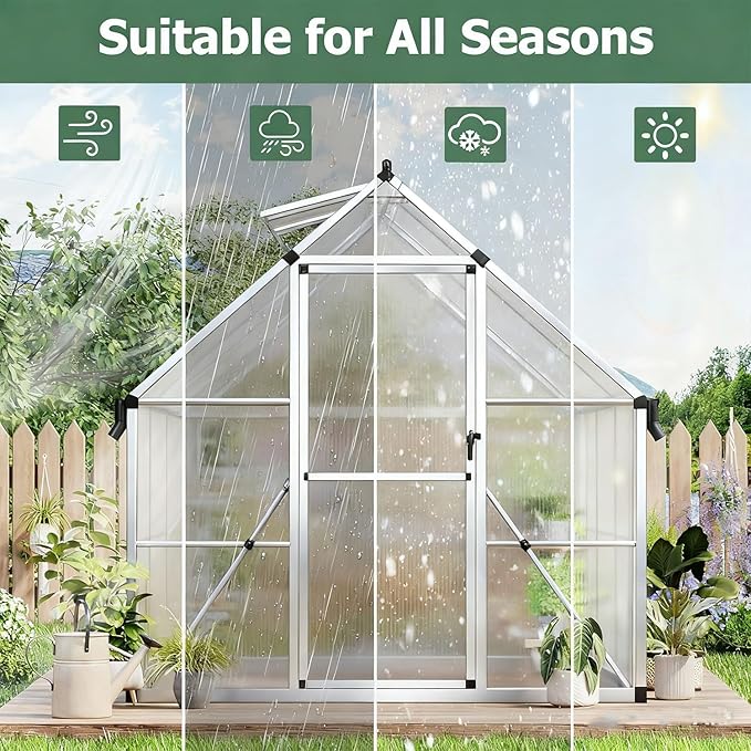 GAOMON 6x11 FT Outdoor Greenhouse with Roof Vent, Heavy Duty Aluminum Polycarbonate Greenhouses, Easy Assembly, Lockable Door, Large Walk-in Greenhouse for Patio, Backyard, Garden