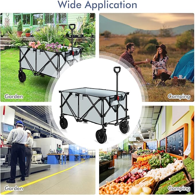 Goplus Collapsible Wagon, Folding Utility Wagon Cart w/Universal Wheels & Adjustable Handle & Cover Bag, Grocery Wagon for Garden Shopping Camping (Grey)