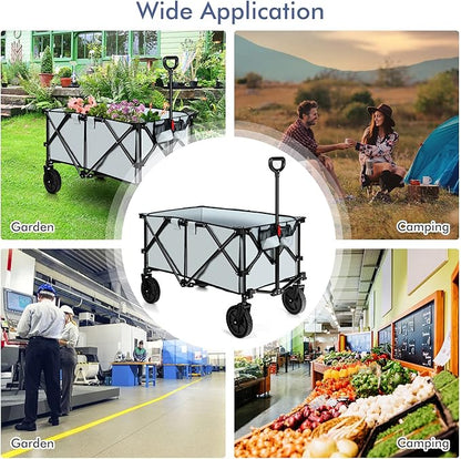 Goplus Collapsible Wagon, Folding Utility Wagon Cart w/Universal Wheels & Adjustable Handle & Cover Bag, Grocery Wagon for Garden Shopping Camping (Grey)