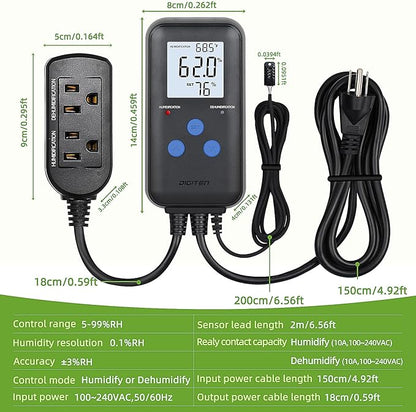 DIGITEN Humidity Controller Pre-Wired Digital Humidistat with Temperature Display, Dual-Stage Outlet Humidifier /Dehumidifier for Mushroom,Reptile, Greenhouse, Fan, Grow Tent