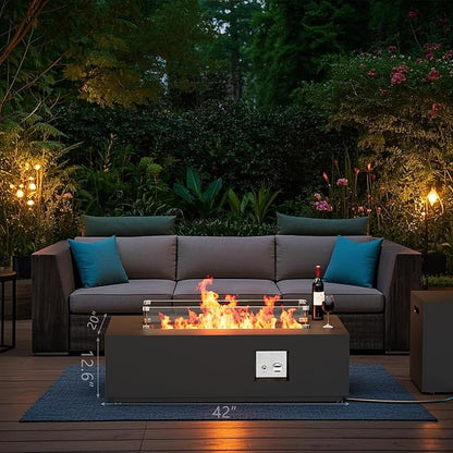 42" Outdoor Fire Pit Table, 50,000 BTU Gas Fire Pit with Glass Windshield, Rocks, Waterproof Cover, Propane Fire Pit Table for Outside Patio (Black, 42 inch)