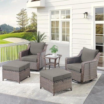 Outdoor Wicker Patio Furniture Set - 5 Piece Outside Rattan Conversation Bistro Dining Chair Sets with Rocking Swivel Chairs, Ottomans and Side Table for Porch Yard Balcony – Brown/Grey