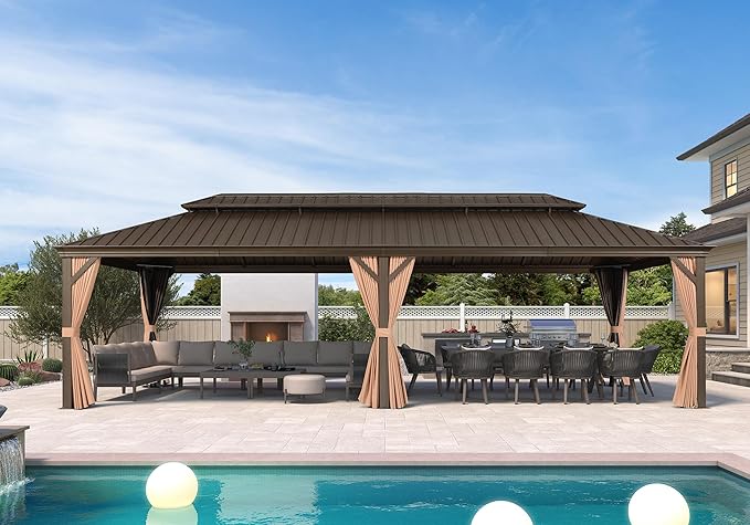 PURPLE LEAF 12' X 28' Outdoor Hardtop Gazebo Patio Wide Aluminum Frame Metal Double Roof with Heavy Duty Netting and Curtains for Permanent Hard Top Pavilion Screen Khaki