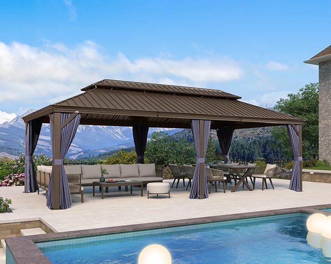 PURPLE LEAF 12' X 24' Outdoor Hardtop Gazebo Patio Wide Aluminum Frame Metal Double Roof with Heavy Duty Netting and Curtains for Permanent Hard Top Pavilion Screen, Navy Blue