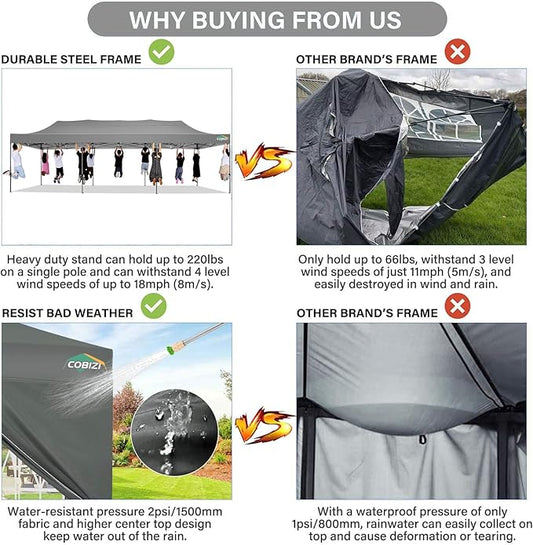 COBIZI 10x30 Pop up Canopy Tent 10x30 Canopy with Sidewall Waterproof Heavy Duty Commercial for Parties Outdoor Garden Gazebo Tent, Carry Bag with Wheel(10x30ft with Sidewalls,Gray)