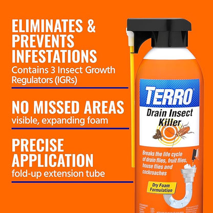 TERRO Drain Insect Killer - T590 Drain Fly Killer Spray - Foam Treatment for Fruit Flies, House Flies, and Cockroaches