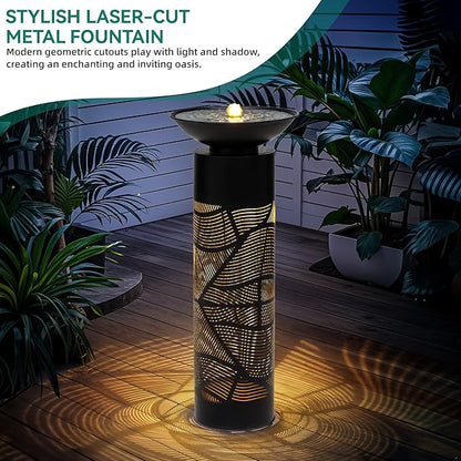 36" Modern Outdoor Fountain with Relaxing Water Flow, Elegant Cutout Metal Water Feature with lighs Casting Intriguing Lights and Shadows, Elevate Any Garden Patio Porch Deck or Home Décor