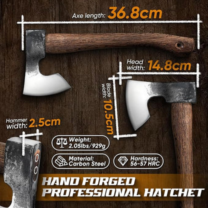 Dream Reach 14.5"" Camping Hatchet with Sheath, Bushcraft Axe with Carbonized Handle, Hand Forged Carving Axe, Splitting Hatchet for Chopping Wood, Gardening, Black