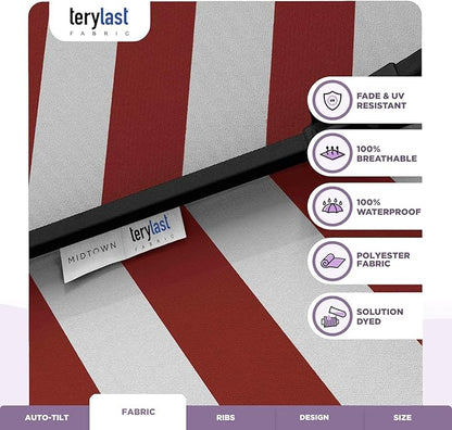 Midtown Umbrellas The Lean 10 Feet Outdoor Umbrella With Terylast Red Stripes (Red/White Stripes) Polyester Fabric - Auto-Tilt Aluminum Frame Patio Umbrella For Deck, Garden, Pool - Black Pole