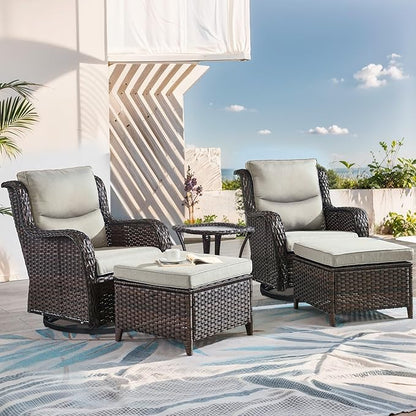 Patio Conversation Set with Smile-Shaped Cushions, Luxury Outdoor Swivel Chairs with Side Table and Ottomans, 5PCS PE Rattan Swivel Glider Chairs Set, Brown Wicker|Beige Cushions