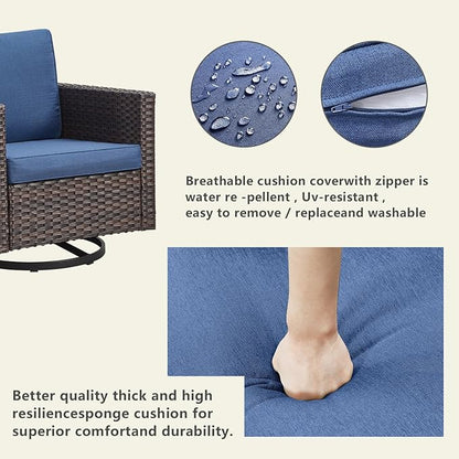 Rilyson Outdoor Patio Swivel Rocker Chairs - Wicker Patio Swivel Rocking Chairs Set of 2 with Waterproof Wicker,Comfortable Cushions and Sturdy Metal Frame for Outside Porch Deck Backyard(Brown/Blue)