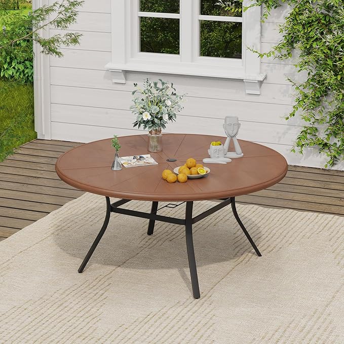 VICLLAX Outdoor Patio Round Dining Table, 53"x 53" Aluminum Tabletop for Deck Lawn Garden Backyard, Walnut