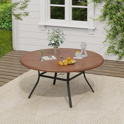 VICLLAX Outdoor Patio Round Dining Table, 53"x 53" Aluminum Tabletop for Deck Lawn Garden Backyard, Walnut