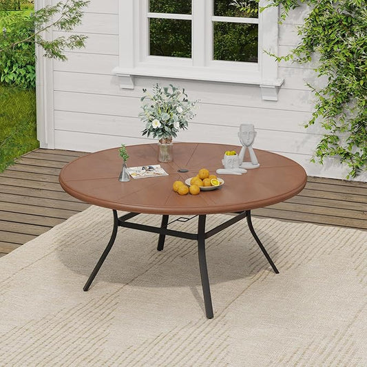 VICLLAX Outdoor Patio Round Dining Table, 53"x 53" Aluminum Tabletop for Deck Lawn Garden Backyard, Walnut