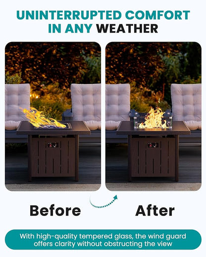 SERWALL 33" Outdoor Fire Pit Table, 50,000 BTU Square Propane Fire Pit Table with Lid, Glass Rock & Glass Wind Guard, HDPE Outdoor Furniture for Patio, Garden, Backyard, Black