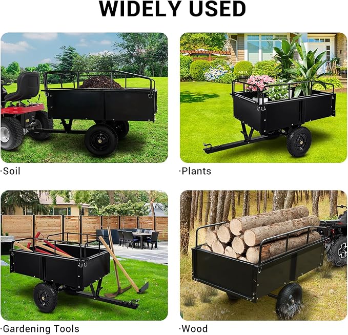 Heavy Duty Tow Behind Dump Cart - 900 Lb Capacity 15 Cu.Ft Steel Utility Trailer, Removable Sides, Foot-Operated Dump for ATVs, UTVs, Lawn Mowers, Garden Yard