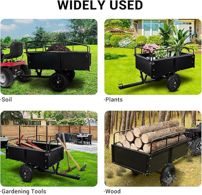 Heavy Duty Tow Behind Dump Cart - 900 Lb Capacity 15 Cu.Ft Steel Utility Trailer, Removable Sides, Foot-Operated Dump for ATVs, UTVs, Lawn Mowers, Garden Yard