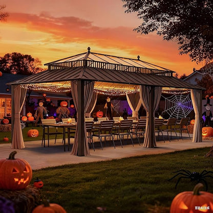 SUNJOY Kingston 20' x 12' Hardtop Gazebo with Galvanized Steel/Polycarbonate Double Roof, Curtain and Netting, Brown Aluminum Posts Permanent Pavilion Gazebo for Garden, Patio, Deck, Lawn