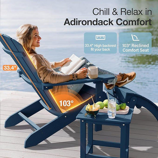 YEFU Adirondack Chairs Set of 2 Plastic Weather Resistant, Outdoor Chairs 5 Steps Easy Installation, Like Real Wood, Widely Used in Outdoor, Patio, Lawn, Fire Pit, Deck, Outside, Chairs (Navy Blue)