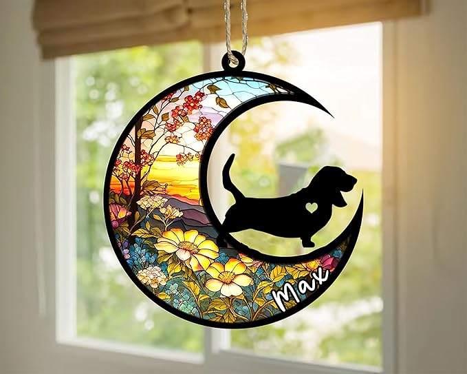 Personalized Dog Memorial, Custom Name Basset Hound Dog Christmas Ornament with Name, Custom Breeds, Pet Loss Light Catcher, Gifts for Lovers Loss of Pet Sympathy on Mothers Day Christmas