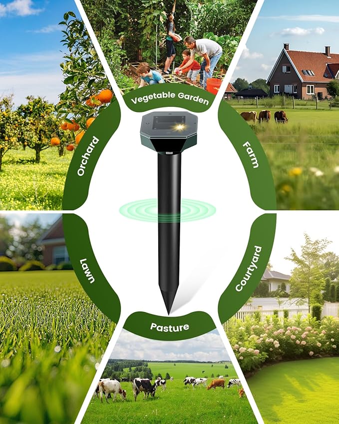 Snake & Mole & Skunk & Rabbit Repellent Solar Powered, Ultrasonic Deterrent, IP65 Waterproof, to Get Rid of Gopher, Groundhog, Rodent, Chipmunk, Raccoon, and Vole for Lawn & Garden, 4 Pack