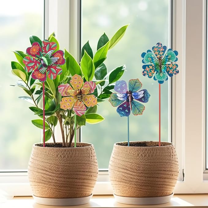 Topadorn Metal Floral Garden Stakes Waterproof Wind Spinner Decor - Colorful Windmill Design for Patio, Lawn, Garden, for Plant Lovers,4 Pack