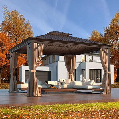 EROMMY 12' x 12' Gazebo Hardtop Double Roof Galvanized Steel Gazebos with Netting and Curtains Outdoor Aluminum Frame Permanent Metal Pavilion for Patio Backyard Deck and Lawns