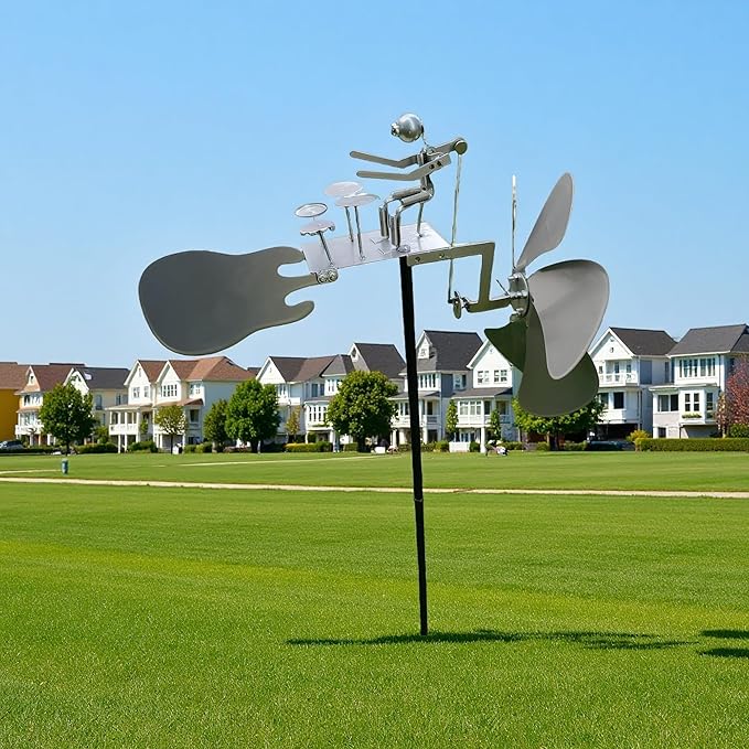Handmade Metal Drummer Rock Band Windmill, Wind Powered Kinetic Sculpture, Garden Outdoor Wind Mill Spinner for Yard Lawn Garden Patio Rockin Art Figurine Decor (Silver)
