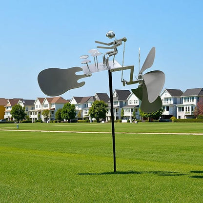 Handmade Metal Drummer Rock Band Windmill, Wind Powered Kinetic Sculpture, Garden Outdoor Wind Mill Spinner for Yard Lawn Garden Patio Rockin Art Figurine Decor (Silver)