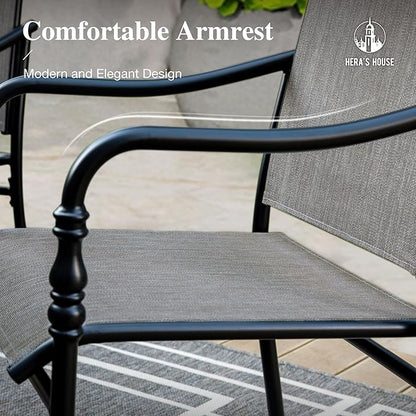 HERA'S HOUSE Patio Table and Chairs, 7 Pieces Outdoor Dining Set, 1 x Round Metal Table with 1.57”-1.9” Umbrella Hole, 6 x Grey Armrest Chairs for Deck Porch Backyard