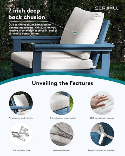 SERWALL HDPE Patio Furniture Set, 7-Piece Outdoor Sectional Sofa Set, All Weather Outdoor Couch Set for Deck, Lawn, Blue Frame with Khaki Cushion