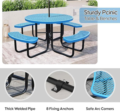 8-Person Picnic Tables for Outdoors, Industrial 46" Expanded Metal Round Picnic Table with 4 Benches & Umbrella Hole, Outside Table and Bench Set for Park, Garden, Backyard, Patio, Blue