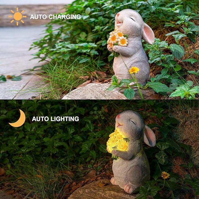 Solar Rabbit Garden Statues Outdoor Bunny Decor Resin Rabbit Figurine Holding Sunflower with LED Lights for Proch Patio Lawn Yard Christmas Birthday Gardening Gifts for Mom Women