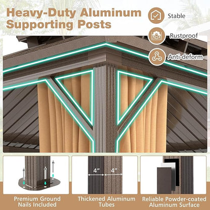 Tangkula 12x14 FT Hardtop Gazebo, Outdoor Permanent Pavilion Shelter with Netting & Curtain, Heavy-Duty Double Galvanized Metal Roof, Aluminum Frame, Outdoor Gazebo for Patio Garden Deck Lawn