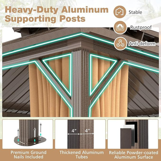 Tangkula 12x14 FT Hardtop Gazebo, Outdoor Permanent Pavilion Shelter with Netting & Curtain, Heavy-Duty Double Galvanized Metal Roof, Aluminum Frame, Outdoor Gazebo for Patio Garden Deck Lawn