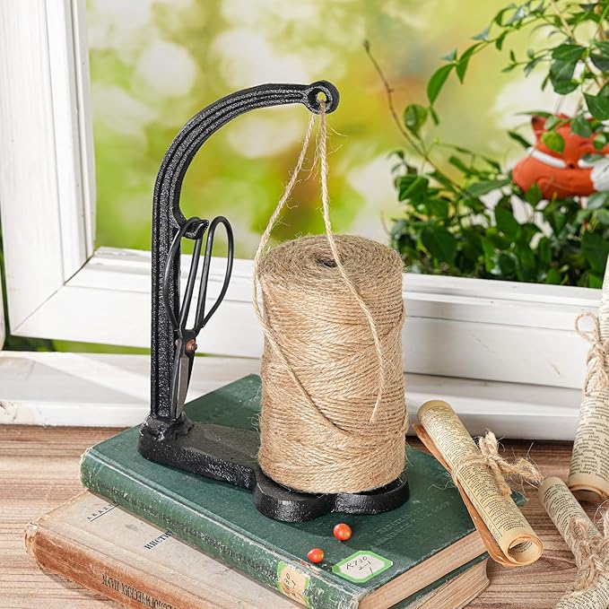 Sungmor Cast Iron Garden Twine Holder Set - 1300ft. Natural Jute Twine String & Rope Rack & Scissors - Decorative & Practical Home Arts Crafts Tools for Picture Display Gift Wrapping Packing Gardening