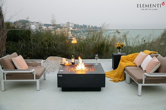 Elementi+ | Bundle Bergen Gas Fire Pit Cast Concrete 40" Square Fire Table, Outdoor Fire Pit Electronic Ignition | Canvas Cover, Fire Glass and Burner Lid Included | Dark Gray | Propane Gas