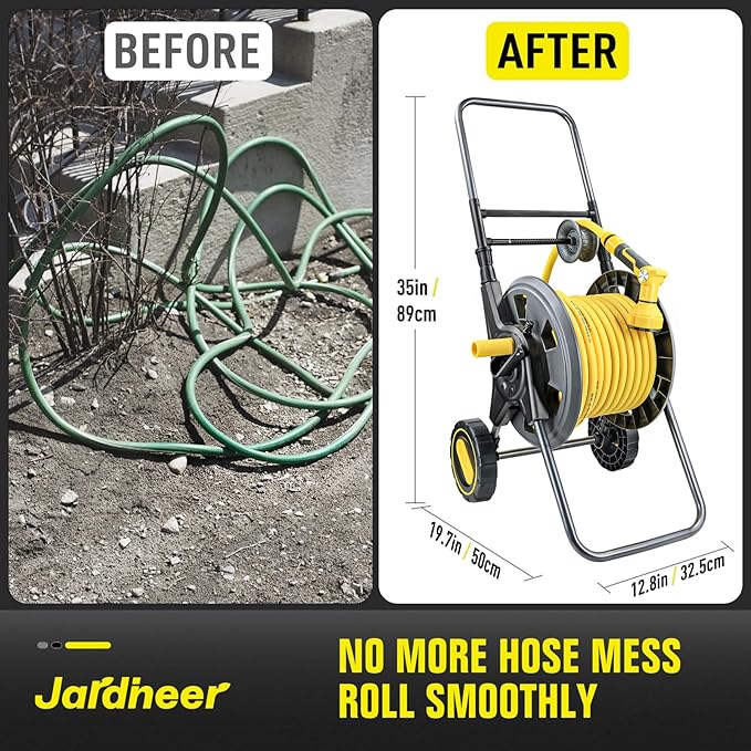 Jardineer Hose Reel Cart with Wheels, Include 100FT Water Hose and Sprayer Nozzle, Portable Garden Hose Set for Watering Flowers, Cleaning Floors, Washing Cars Outside